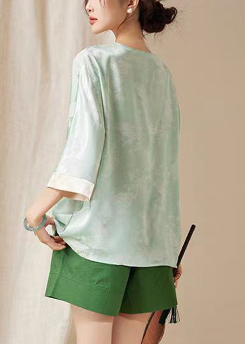 Loose Green Button Print Silk Shirt Bracelet Sleeve AB1051