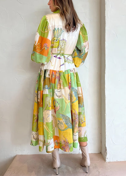 Loose Green Button Print Tie Waist Cotton Shirts Dress Lantern Sleeve FF087