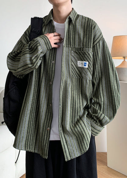 Cotton Button Striped Men Pockets Shirts Loose Spring Green