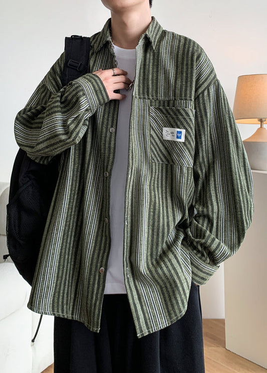 Cotton Button Striped Men Pockets Shirts Loose Spring Green