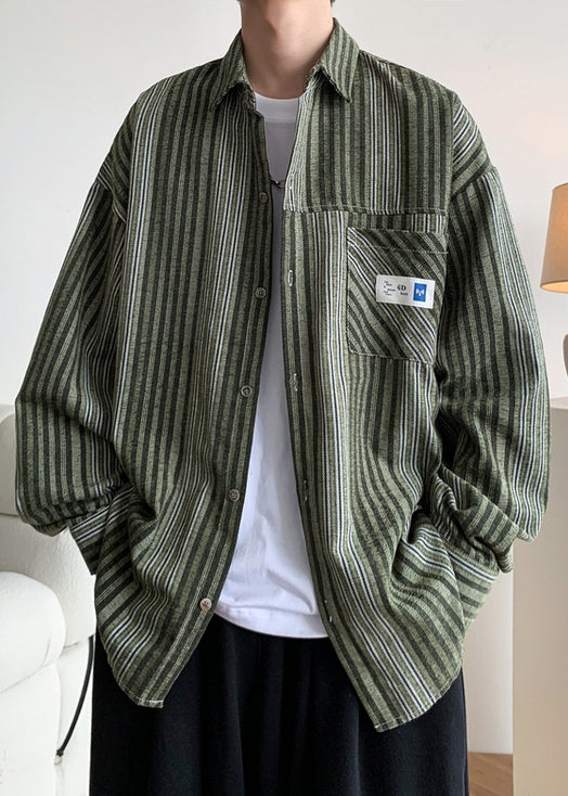 Cotton Button Striped Men Pockets Shirts Loose Spring Green