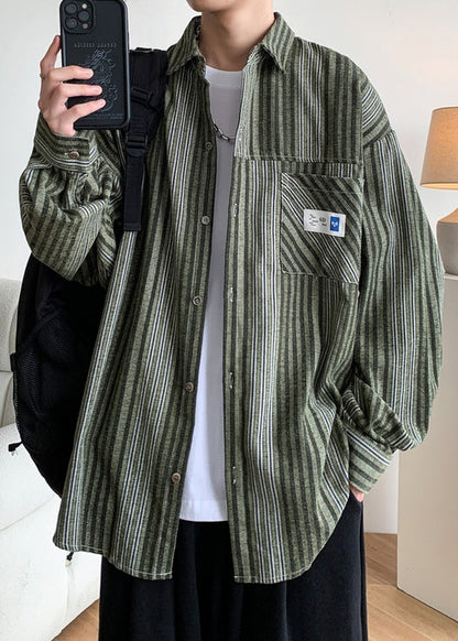 Cotton Button Striped Men Pockets Shirts Loose Spring Green