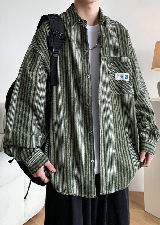 Cotton Button Striped Men Pockets Shirts Loose Spring Green
