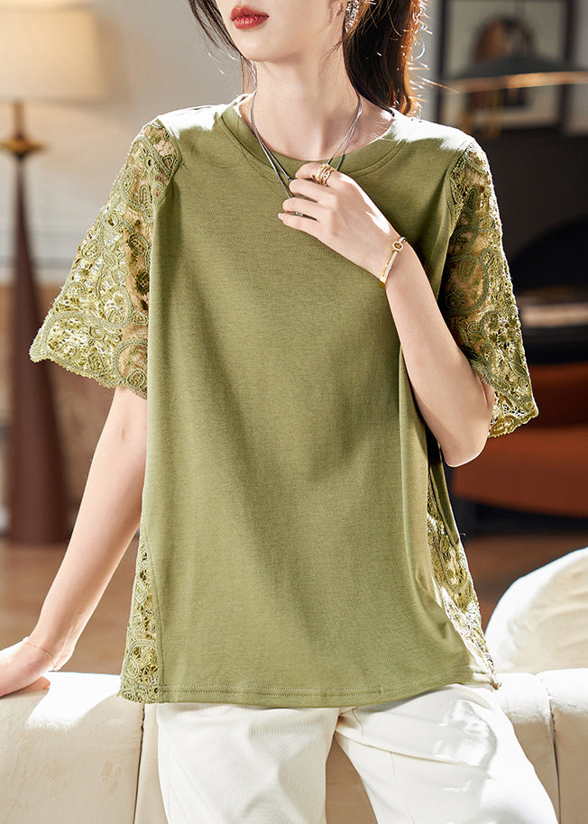 Hollow Patchwork Out Shirts Lace Green Loose T Summer