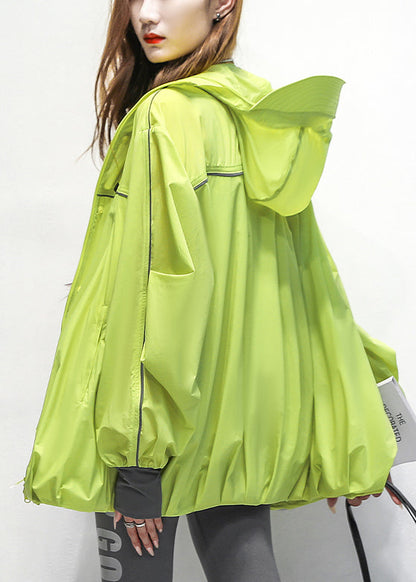 Drawstring Cotton Green Hooded Patchwork Loose Coat Summer