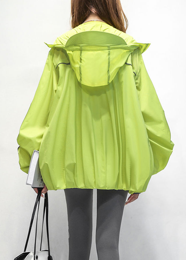 Drawstring Cotton Green Hooded Patchwork Loose Coat Summer