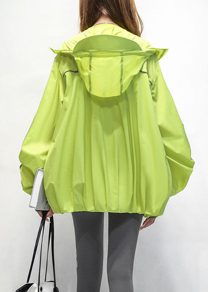 Drawstring Cotton Green Hooded Patchwork Loose Coat Summer
