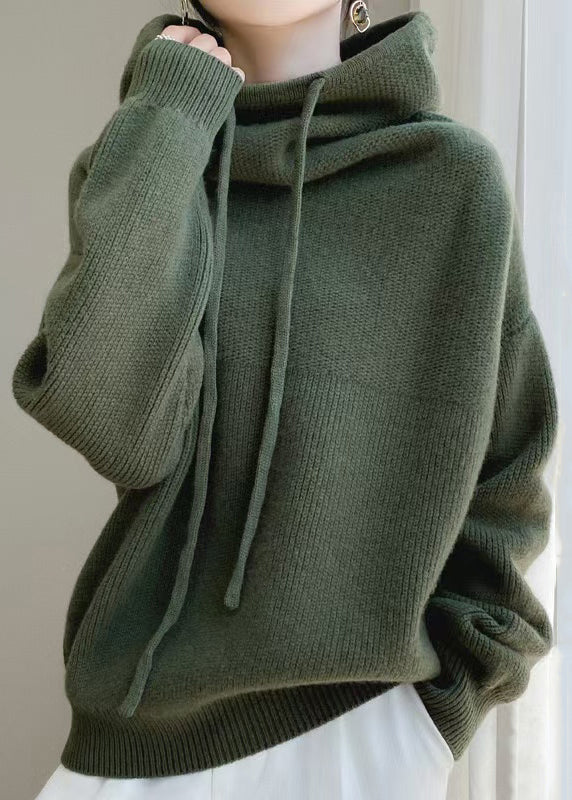 Wool Sweaters Up Spring Hooded Green Loose Knit Lace