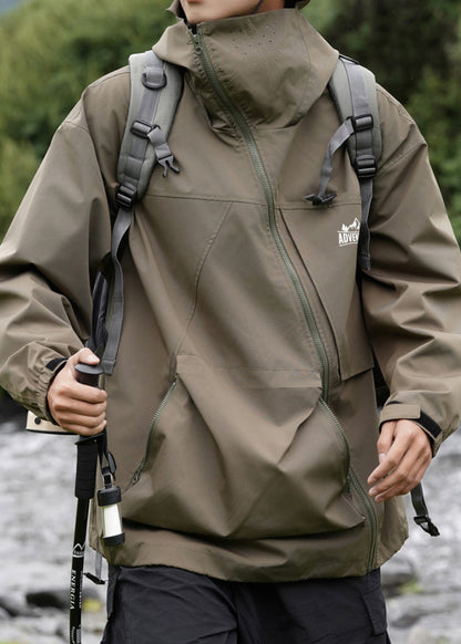 Pockets Hooded Loose Cotton Green Men Spring Zippered Coat