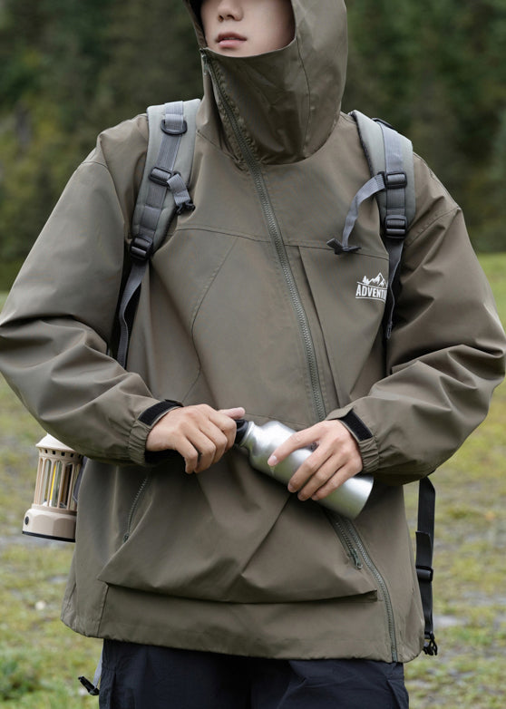 Pockets Hooded Loose Cotton Green Men Spring Zippered Coat