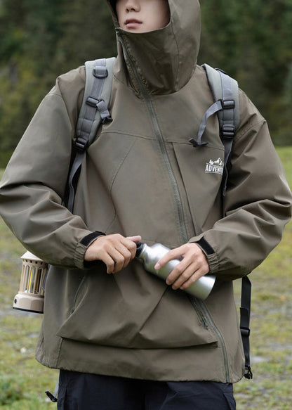 Pockets Hooded Loose Cotton Green Men Spring Zippered Coat