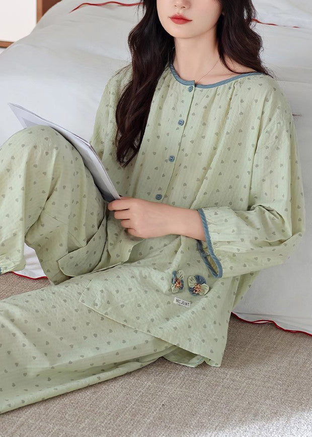 Pieces Cotton Pajamas Print Green Elastic Loose O Two Waist Neck