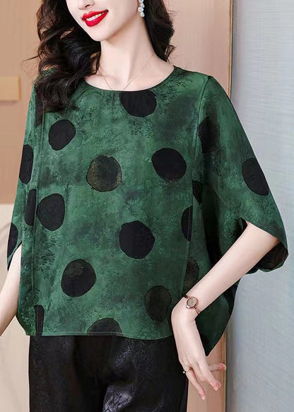 Loose Green O Neck Print Silk Shirts Batwing Sleeve AU1064