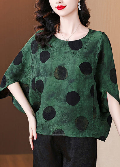 Loose Green O Neck Print Silk Shirts Batwing Sleeve AU1064