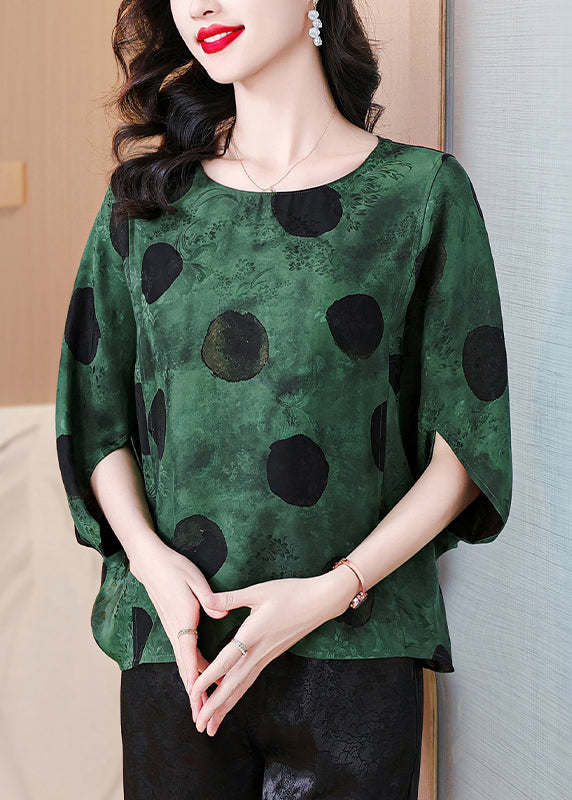 Loose Green O Neck Print Silk Shirts Batwing Sleeve AU1064