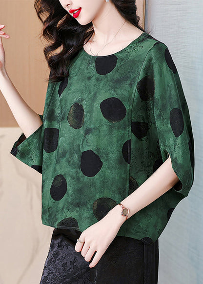 Loose Green O Neck Print Silk Shirts Batwing Sleeve AU1064