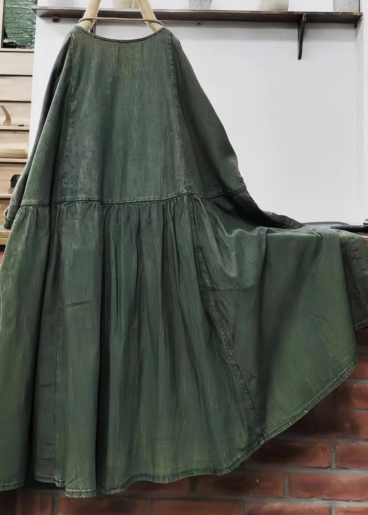 Loose Green O Neck Solid Cotton Mid Dress Long Sleeve G170