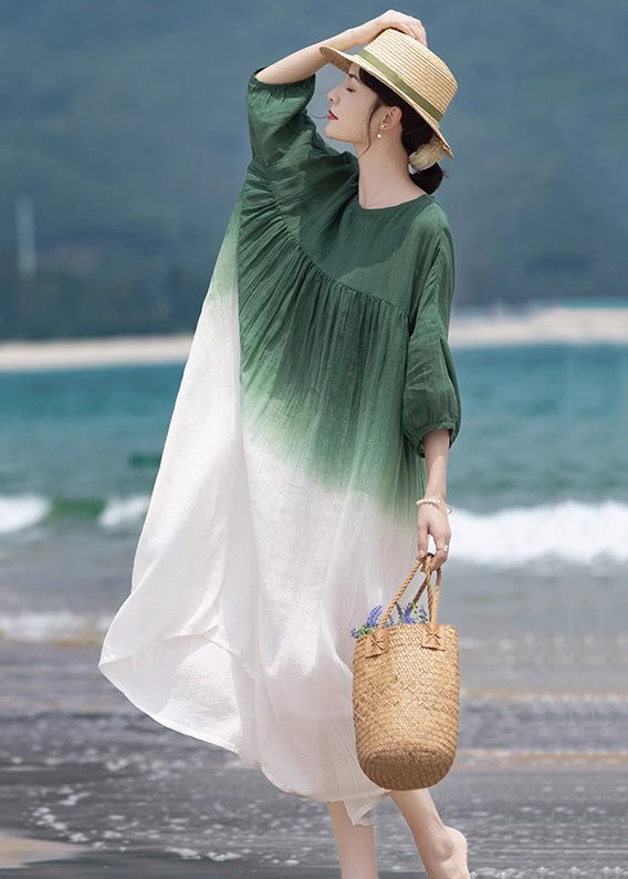 Loose Green O-Neck Wrinkled Patchwork Cotton Dress Half Sleeve MN082