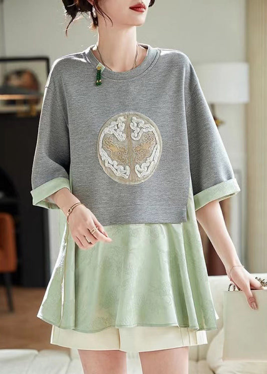 Two Pieces Loose T Shirt Summer Green Patchwork Fake