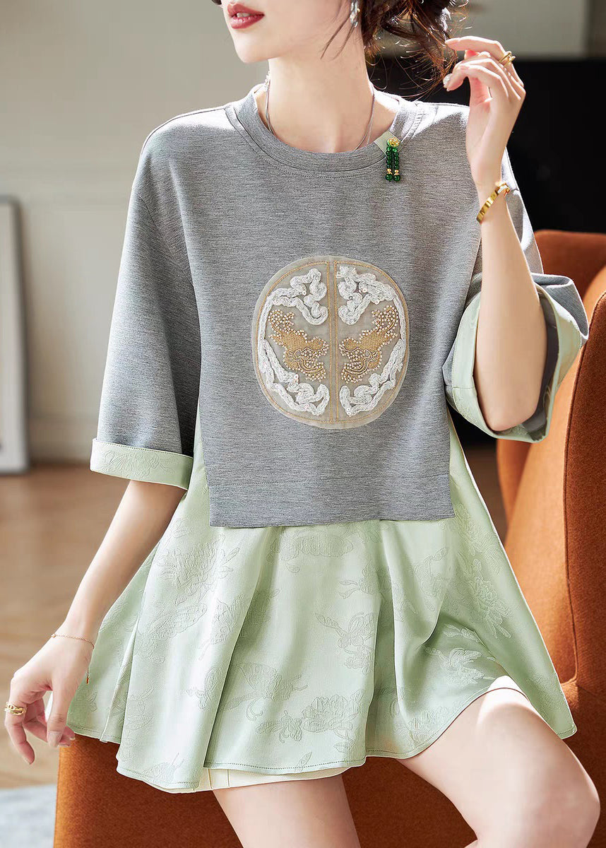 Two Pieces Loose T Shirt Summer Green Patchwork Fake