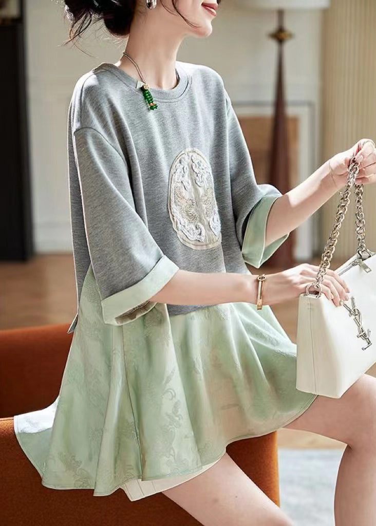 Two Pieces Loose T Shirt Summer Green Patchwork Fake