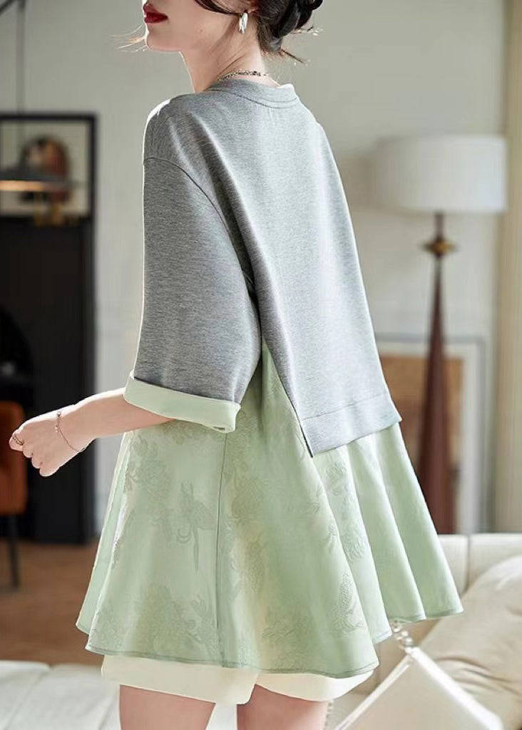 Two Pieces Loose T Shirt Summer Green Patchwork Fake