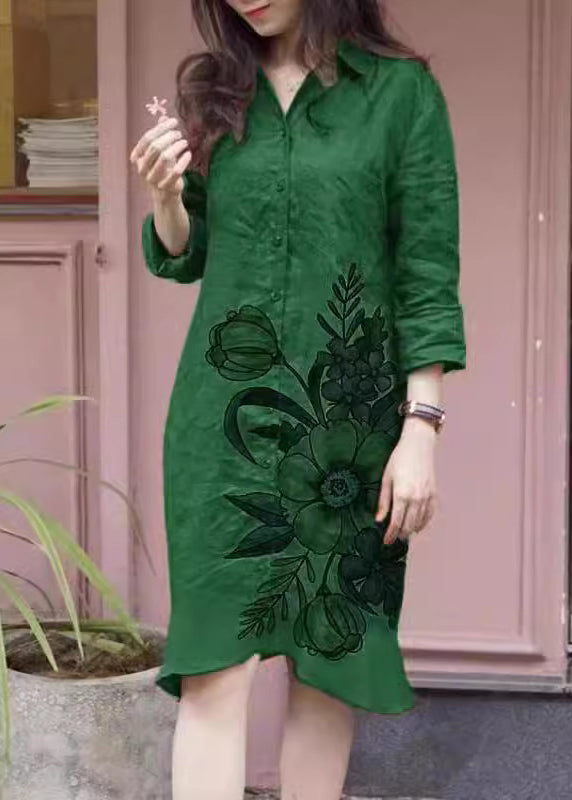 Collar Print Long Dress Button Green Loose Pan Shirts Fall Peter