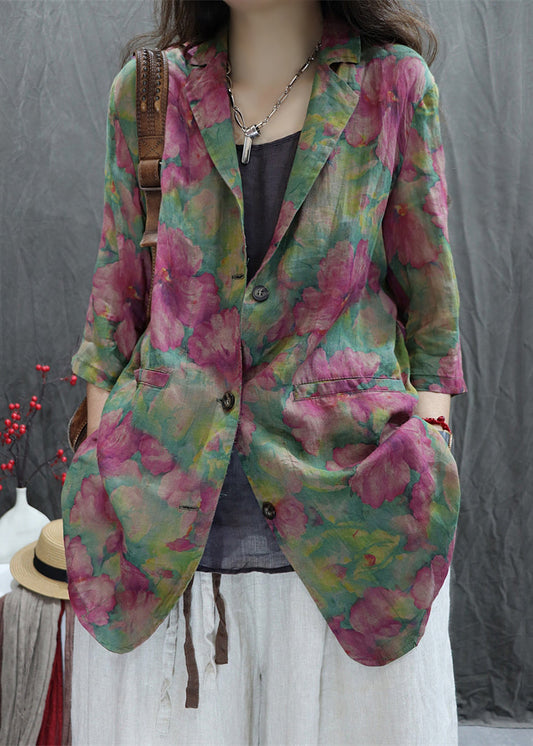 Loose Cotton Pan Coats Green Collar Print Spring Peter