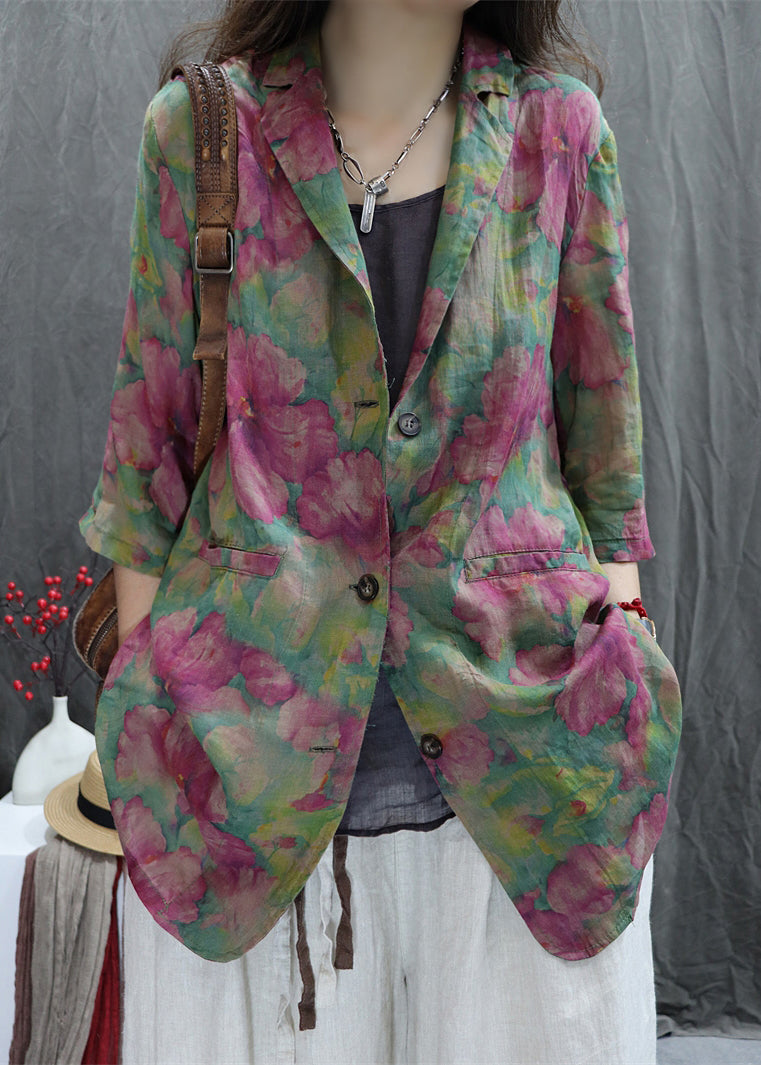 Loose Cotton Pan Coats Green Collar Print Spring Peter