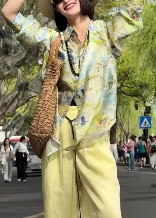 Collar Pieces High Green Waist Peter Cotton Two Loose Pan Print