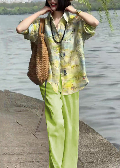 Collar Pieces High Green Waist Peter Cotton Two Loose Pan Print