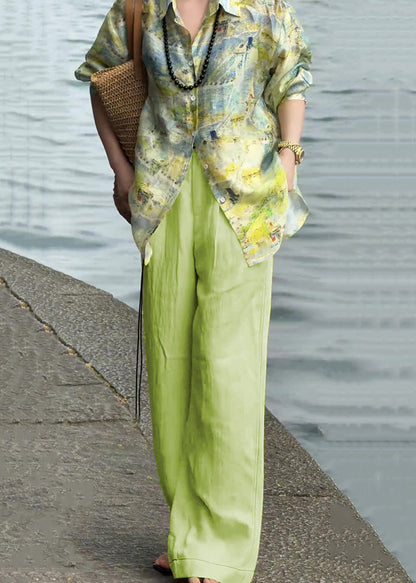 Collar Pieces High Green Waist Peter Cotton Two Loose Pan Print