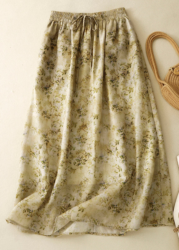 Loose Green Print Elastic Waist Cotton Skirt Summer GG001