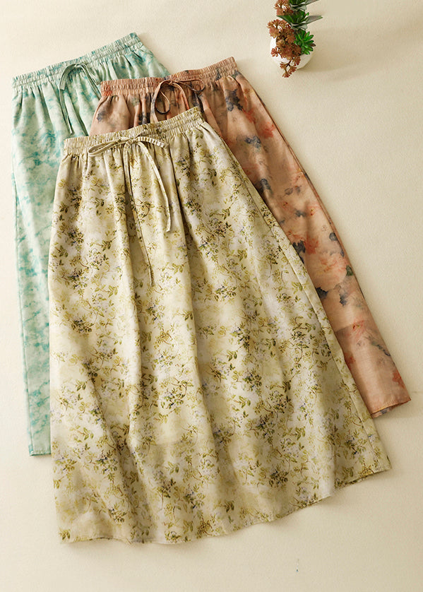 Loose Green Print Elastic Waist Cotton Skirt Summer GG001