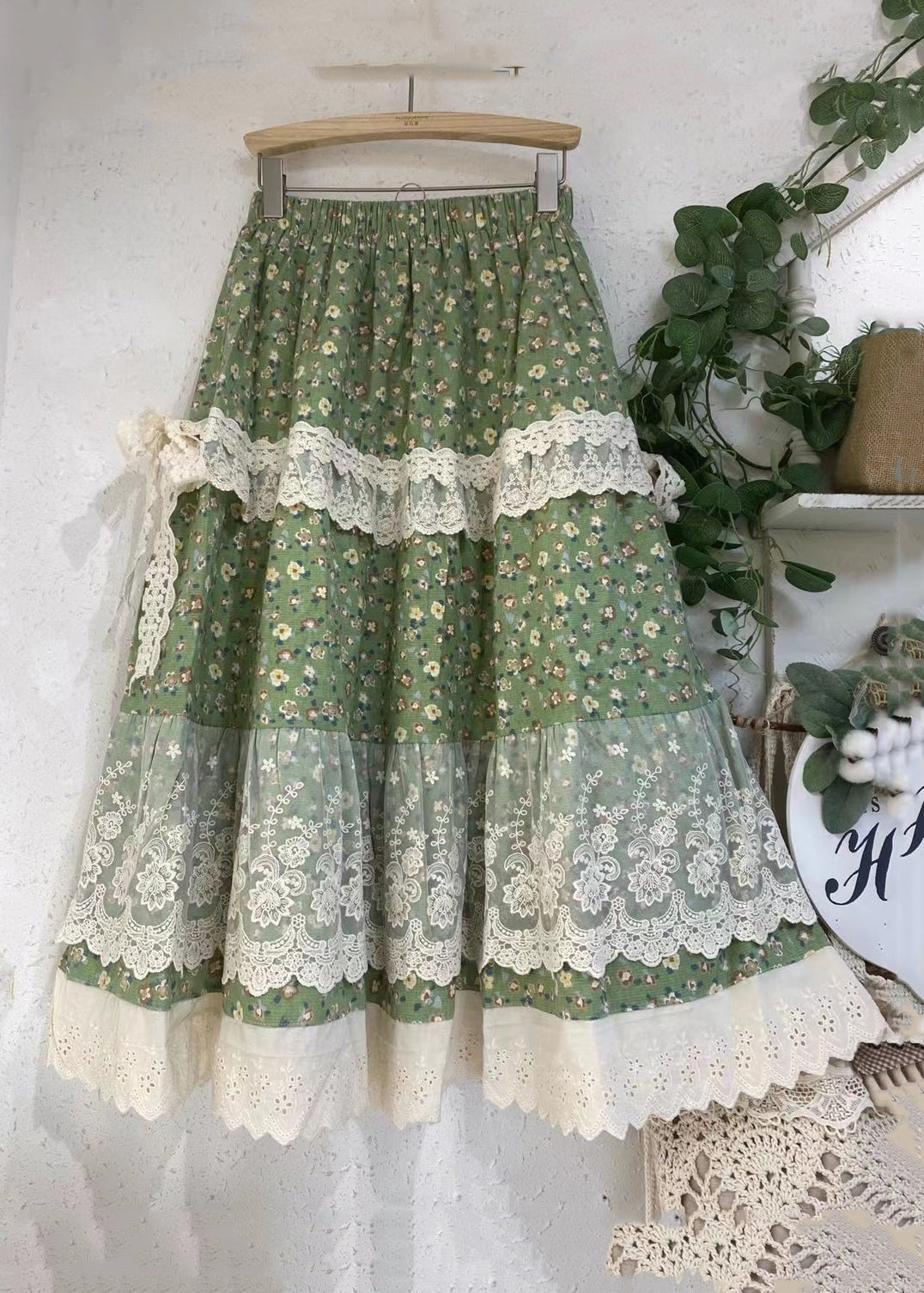 Jupe ample en patchwork à taille élastique en dentelle verte imprimée pour l'été GEM034