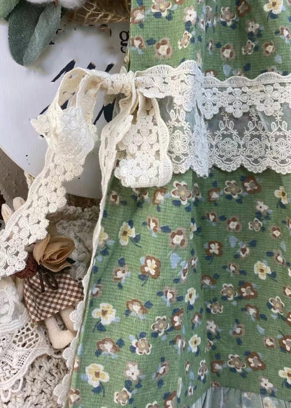 Jupe ample en patchwork à taille élastique en dentelle verte imprimée pour l'été GEM034