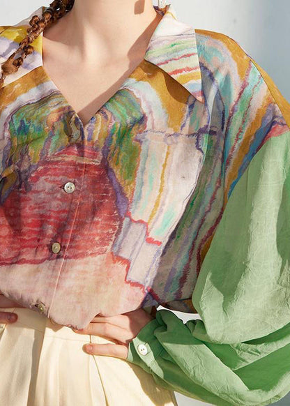 Chemise ample en mousseline de soie à imprimé patchwork vert à manches longues KK007