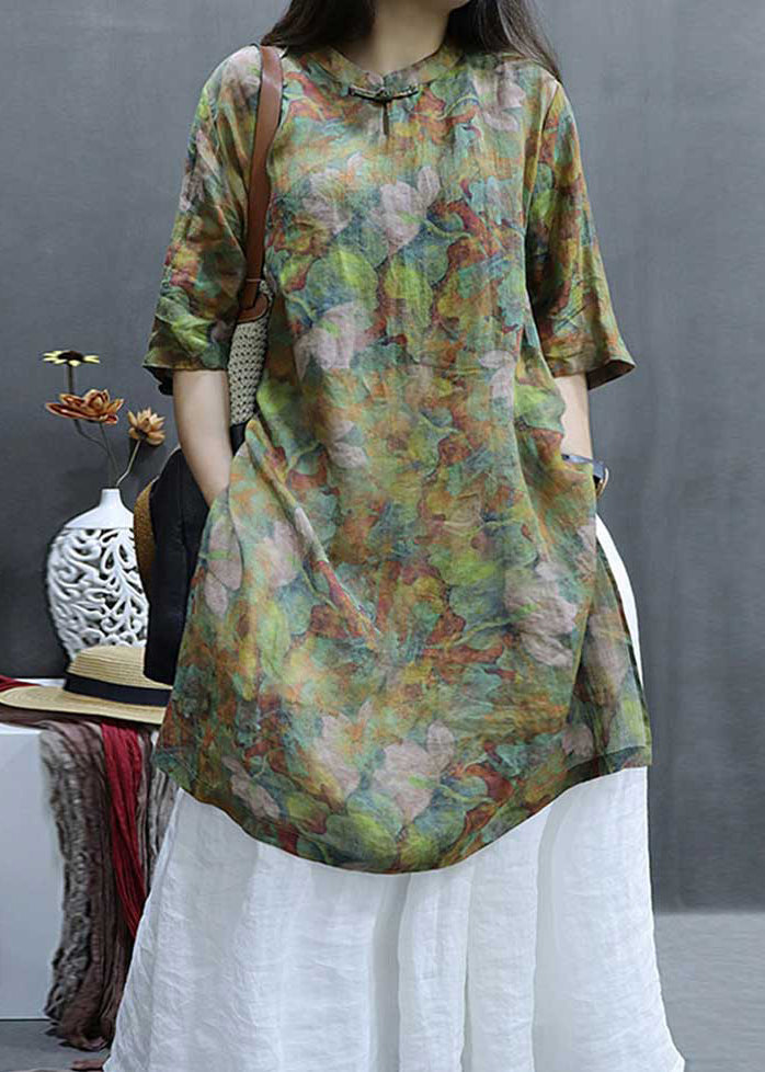 Loose Green Print Side Open Linen Shirts Half Sleeve GG047