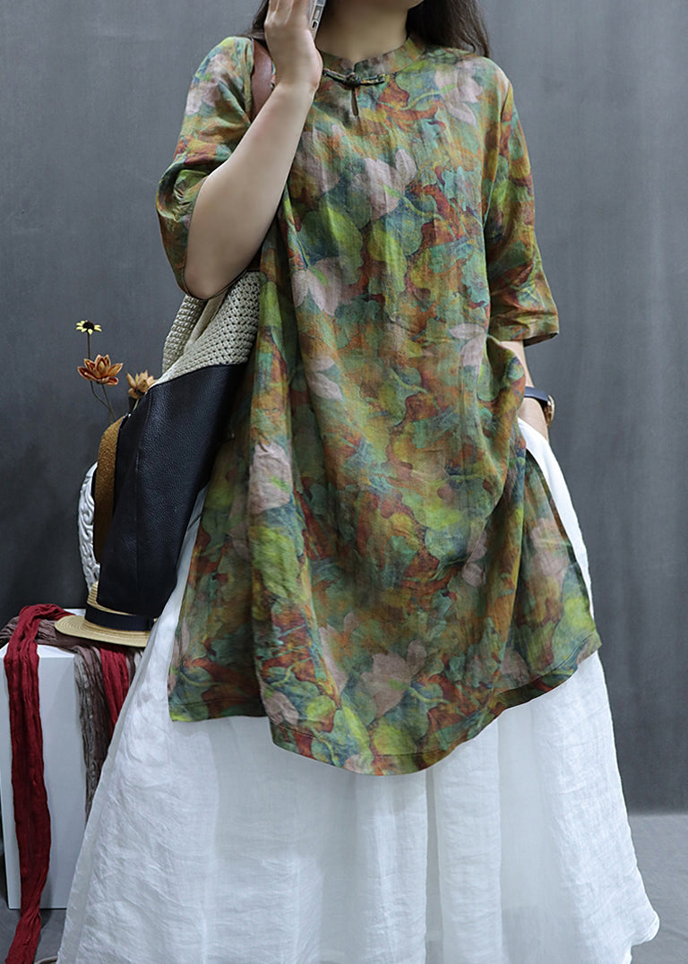 Loose Green Print Side Open Linen Shirts Half Sleeve GG047