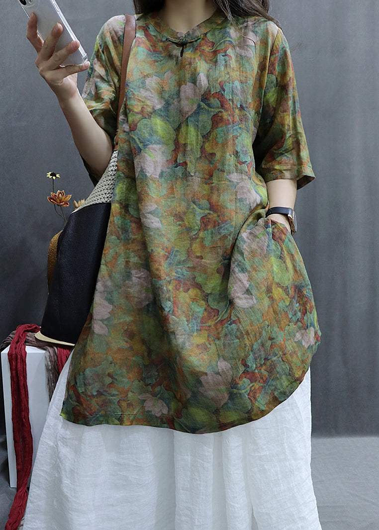 Loose Green Print Side Open Linen Shirts Half Sleeve GG047