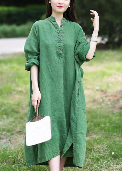 Loose Green Stand Collar Button Pockets Linen Dress Long Sleeve MN090