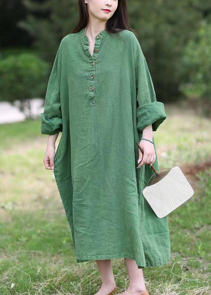 Loose Green Stand Collar Button Pockets Linen Dress Long Sleeve MN090