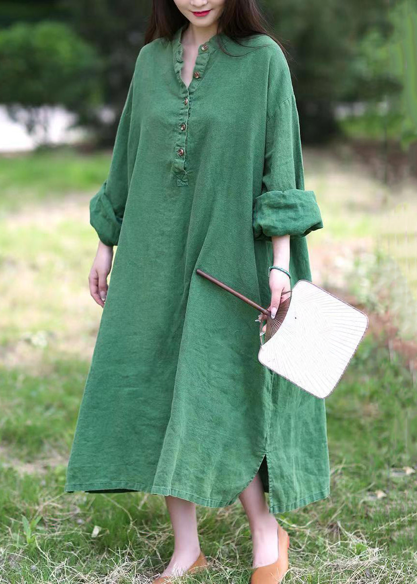 Loose Green Stand Collar Button Pockets Linen Dress Long Sleeve MN090