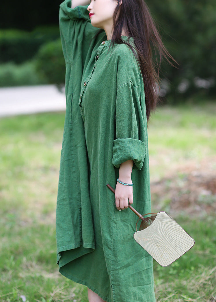 Loose Green Stand Collar Button Pockets Linen Dress Long Sleeve MN090