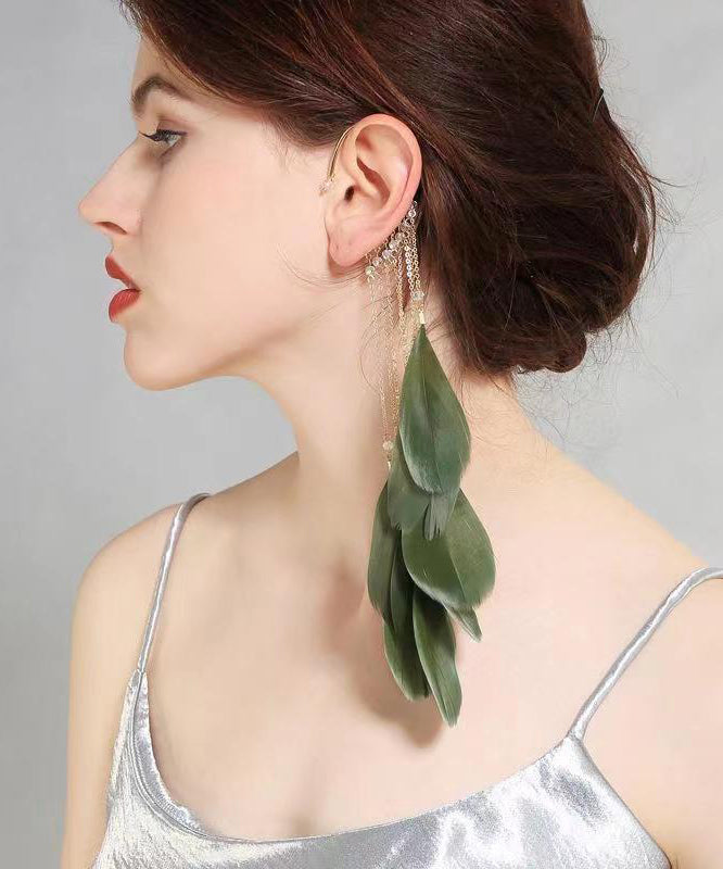 Loose Green Sterling Silver Overgild Zircon Feather Tassel Drop Earrings ZZ045