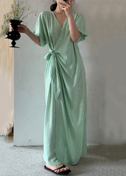 Striped Long Green Dresses Lace Summer Loose Up Cotton