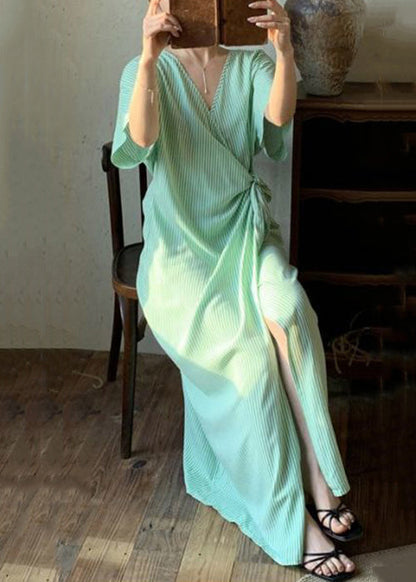 Striped Long Green Dresses Lace Summer Loose Up Cotton