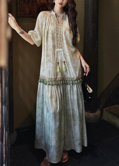 Dresses Tasseled Long Butterfly Sleeve Silk Green Loose