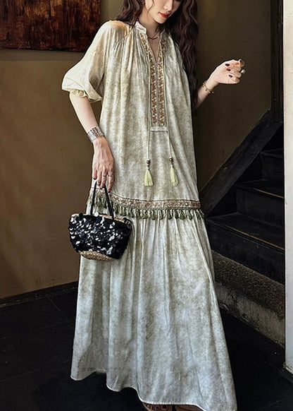 Dresses Tasseled Long Butterfly Sleeve Silk Green Loose