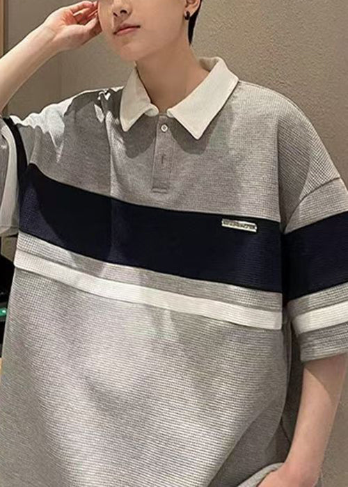 Polo Button Summer Cotton Shirts Loose Mens Grey Patchwork